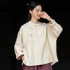 Women Chinese Style Shirts Tops Autumn Solid Color Button Loose Stand Long Sleeve Shirts