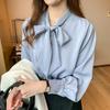 Korean Loose Tops Spring Satin Chiffon Blouse Women White Office Lady Clothes with Bow Blue Long Sleeve Shirt