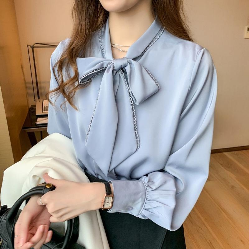 Korean Loose Tops Spring Satin Chiffon Blouse Women White Office Lady Clothes with Bow Blue Long Sleeve Shirt