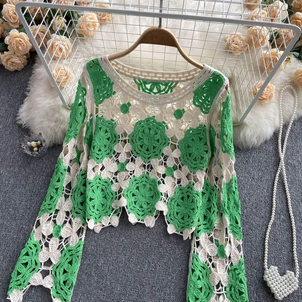 Свободный свитер с длинными рукавами и цветком на крючках, женская летняя тонкая футболка с круглым вырезом, топ