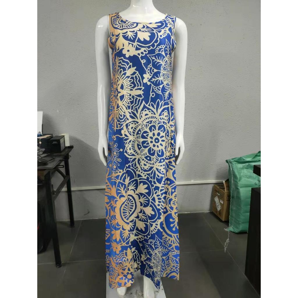GMXIA Summer Positioning Flower Round Neck Sleeveless Loose Print Dress Long Skirt Women