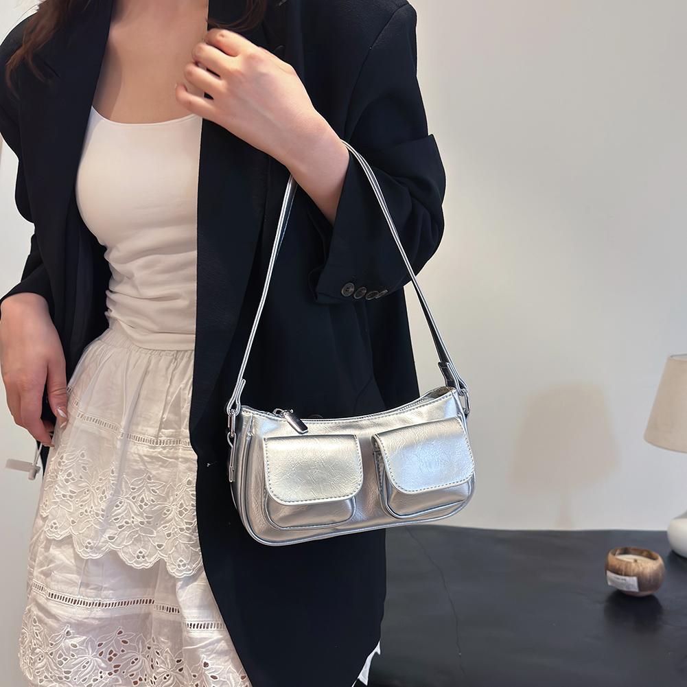 Ретро сумка под мышкой, двойные карманы, ПУ кожа, сумка для покупок, модная однотонная дизайнерская сумка под мышкой, на молнии, портативная, женская шикарная сумка-хобо