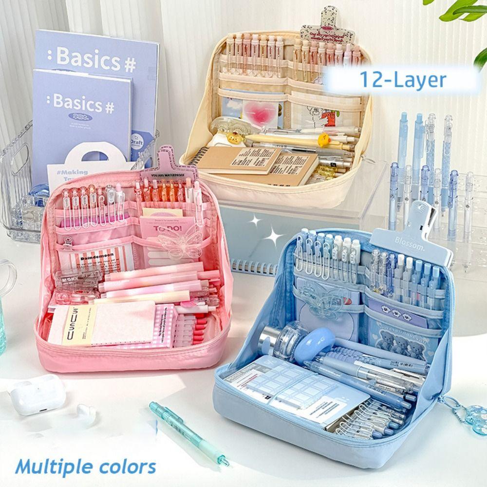 12-Layer Pencil Case 90 Degree Large Opening Pen Storage Bag Multifunctional Pencil Box  Student