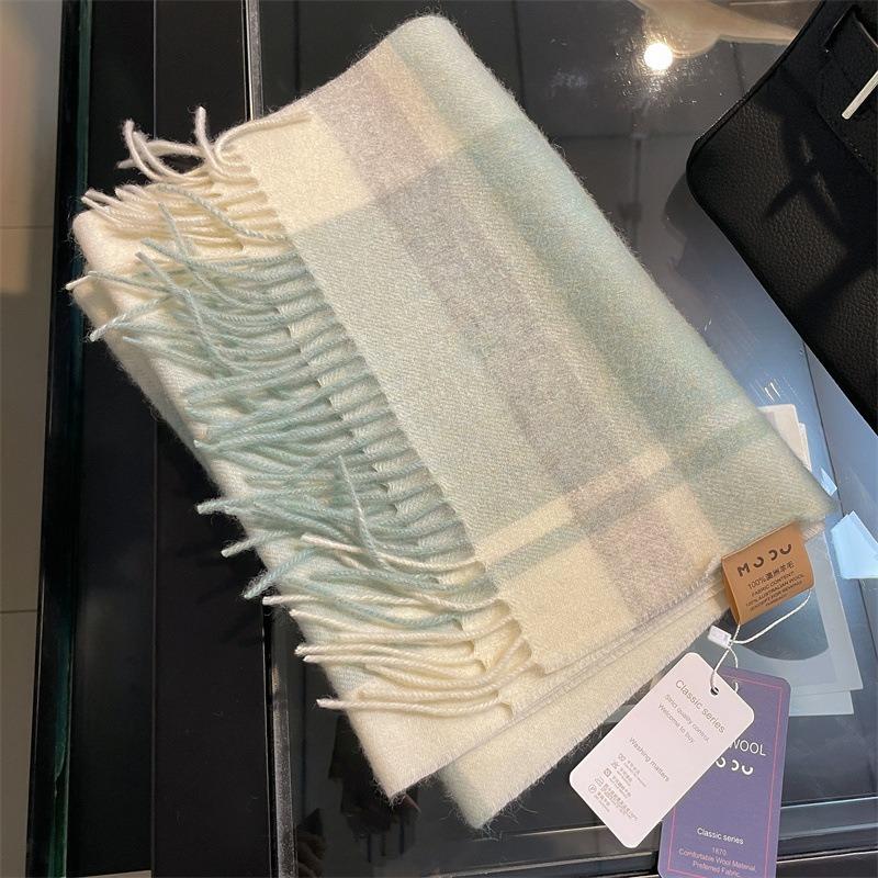 Scottish Pure Wool Green and White Plaid Scarf Women's Winter New British Plaid High-end Scarf