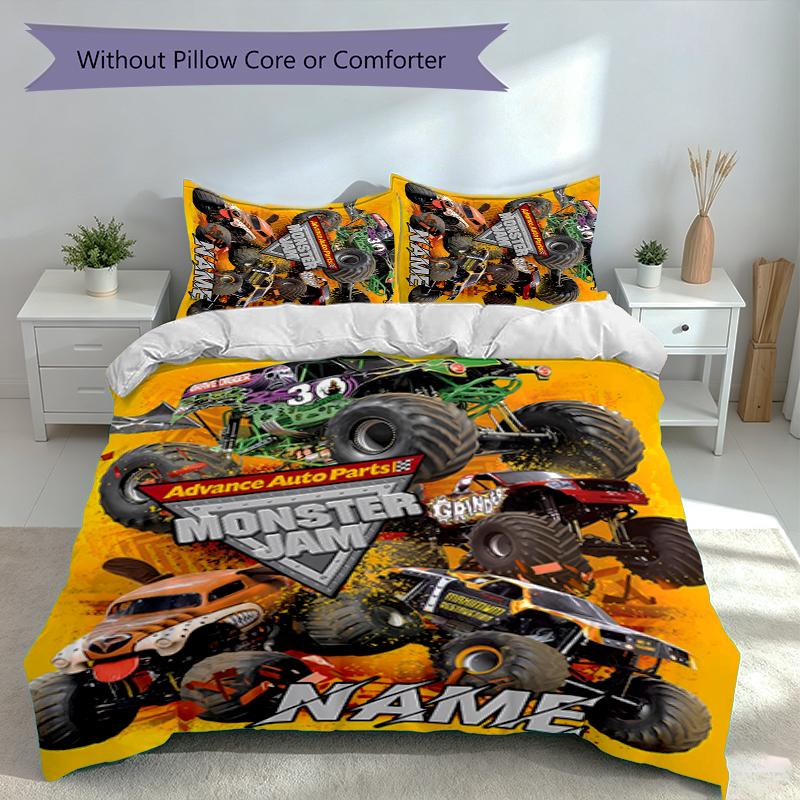 3pcs Custom Name Monster Jam Set,Includes 1 Duvet Cover and 2 Pillowcases,All-season Bedroom Decor