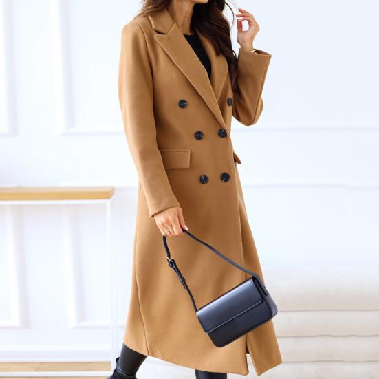 Женское пальто, двубортное, с длинными рукавами, с лацканами, однотонные пуговицы, сохраняет тепло, средней длины, против морщин, женское зимнее пальто, женская одежда