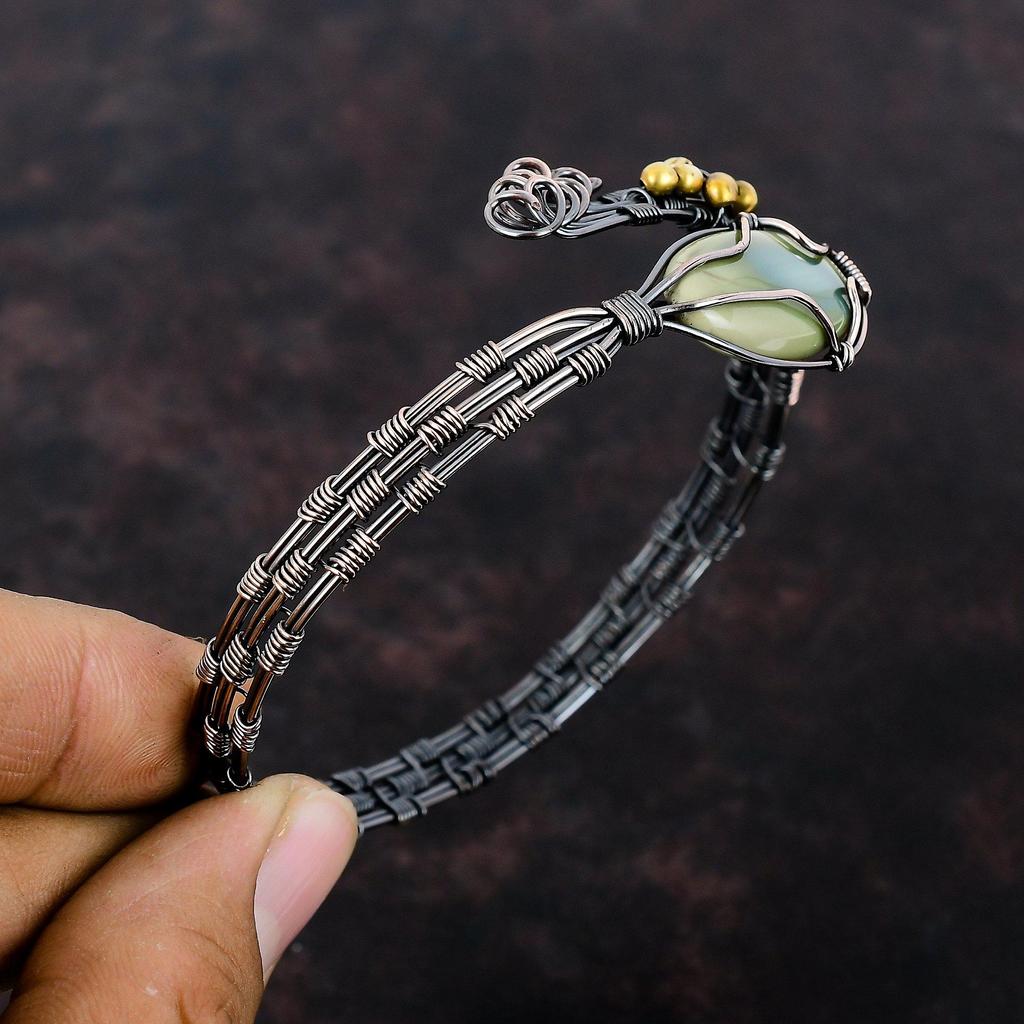 Браслет-манжета из императорской яшмы Браслет-манжета из медной проволоки Регулируемый браслет Браслет-манжета из драгоценного камня Браслет ручной работы Медные украшения для подарка