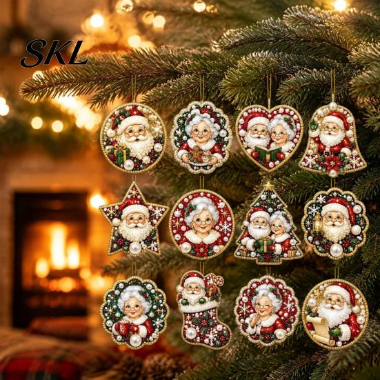 Outdoor Christmas Decor 12 Pcs 2D Flat Pearl Painting Ornament, Acrylic Santa Tree Snowman Unique Car Hanging Ornaments Decoration, Double Sided