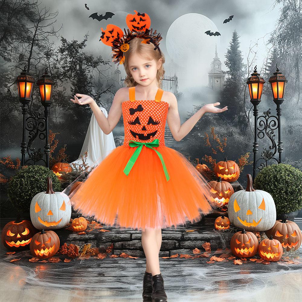 Kids Pumpkin Witch Tutu Dress, Girls Halloween Wizard Princess Role Play Skirt