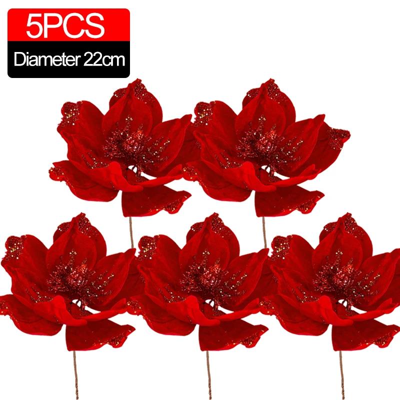 1/10pc Glitter Artificial Flowers Christmas Red Poinsettia Xmas Tree Ornament Simulated Magnolia Wedding Party Decor Fake Flower