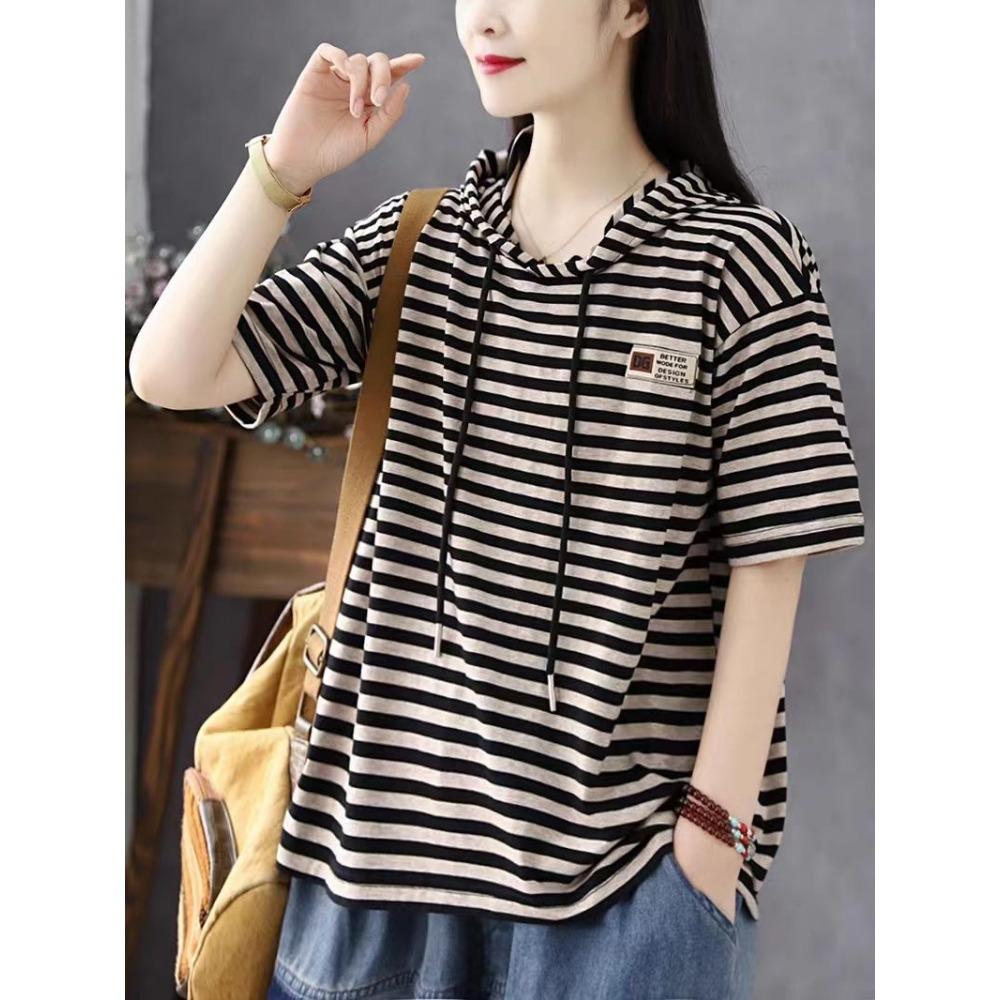 Ретро-искусство Лето Тонкий женский с капюшоном короткий рукав футболка Женский свободный повседневный полосатый топ модный