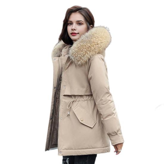 Winter Women Jacket Furry Hood Long Sleeves Drawstring Waist Pockets Zipper And Button Closure Windbreaker Mid Length Solid Color Windproof Warm Coat