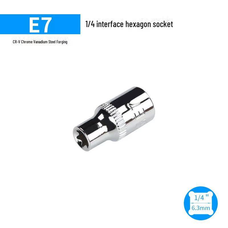 Metric 6-Point Flower-Shaped E-Type Socket Set: 1/2 Large, 3/8 Medium, 1/4 Small, Star Type.