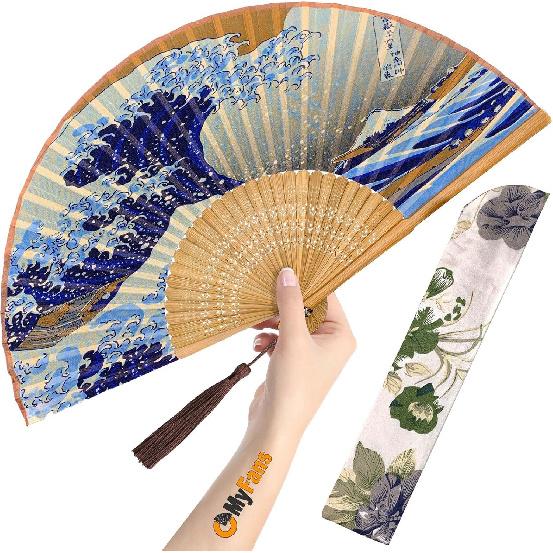 Складной веер для женщин - Складной китайский японский винтажный бамбуковый шелковый веер - Идеально подходит для приливов жара, церкви, EDM, фестивалей, танцев и в качестве подарков