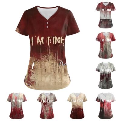Женские модные повседневные топы с V-образным вырезом на пуговицах и принтом на Хэллоуин, топы для кормящих мам, женские халаты, 2 кармана