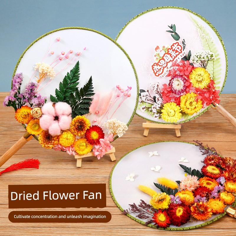 Chinese Style Dried Flower Fan DIY Material Kit for Children to Make Eternal Flower Ancient-Style Fan, Mother's Day Gift