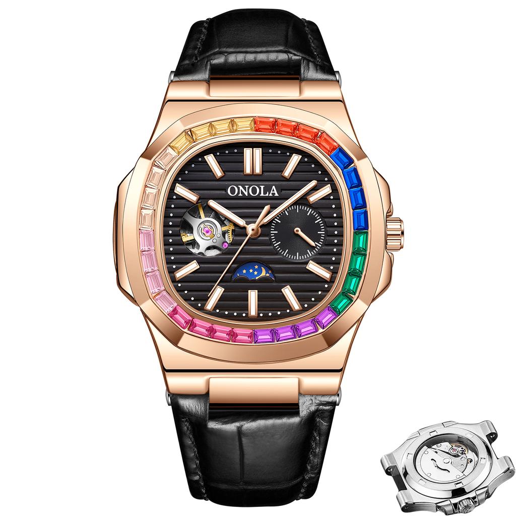 Tourbillon Hollowed Out Fully Automatic Mechanical Watch Men's Diamond Studded Moon Phase Dial Waterproof Luminous Watch Holiday Gift Watch