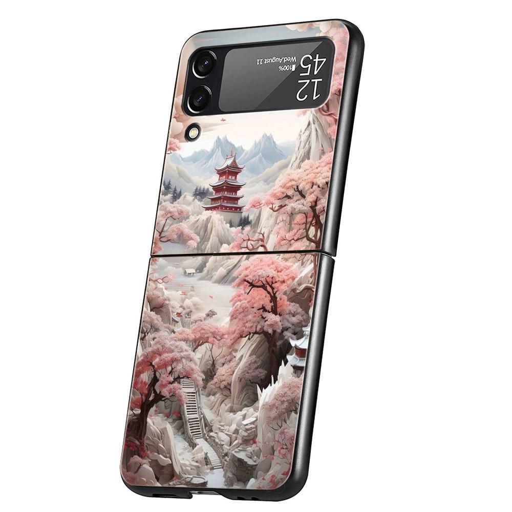 Chinese Style Landscape Hard PC Phone Case For Samsung Galaxy Z Flip 7 6 5 4 Black Cover For Galaxy Z Flip 3 Foldable Capas Bags