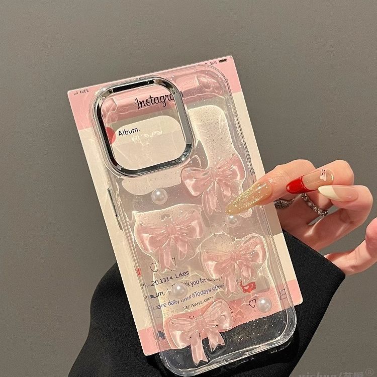 Розовый жемчужный бант подходит для чехла мобильного телефона Apple 16promax iPhone15/14pro противоударного 13 для девочек.