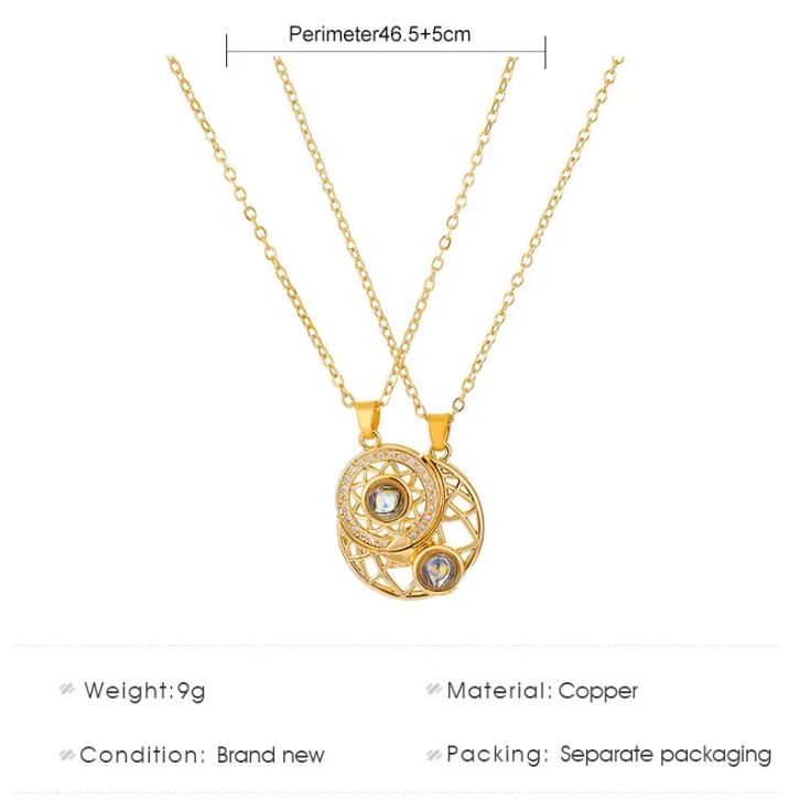 2PCS Magnetic Couple Matching Necklace 100 Languages I Love You Projection Sun Moon Heart Shape Magnet Paired Pendant Lover Gift