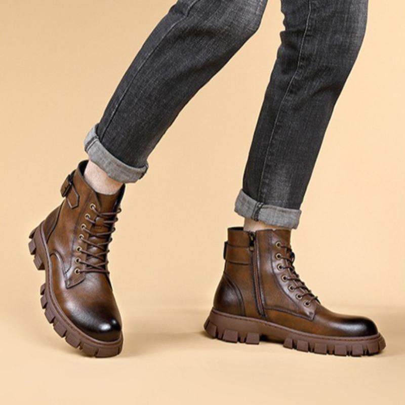 Genuine Leather Men Boots Fashion Casual High-top Boots British Style Short Boots for Men Plush Warm Winter Booties Botas Hombre