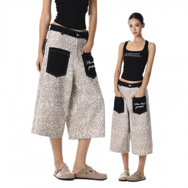 Vintage Leopard Print Patchwork Denim Cropped Wide Leg Straight Pants Men Women Streetwear