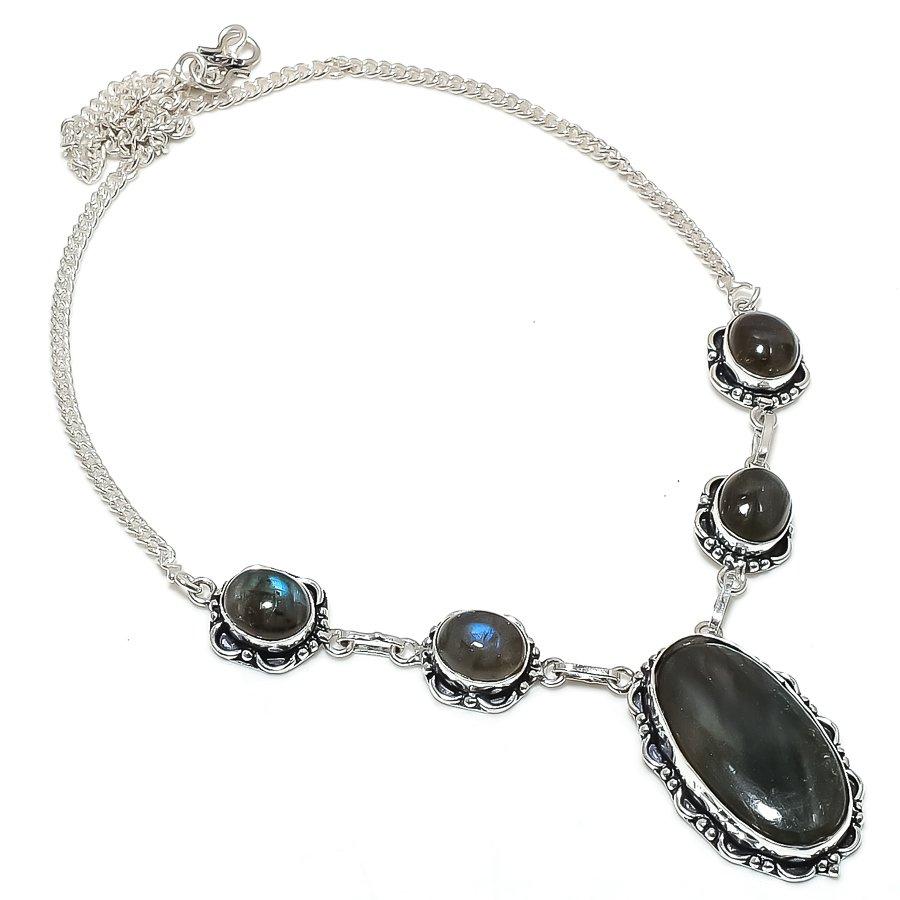 Natural Labradorite Gemstone 925 Sterling Silver Jewelry Necklace 18" G9y94