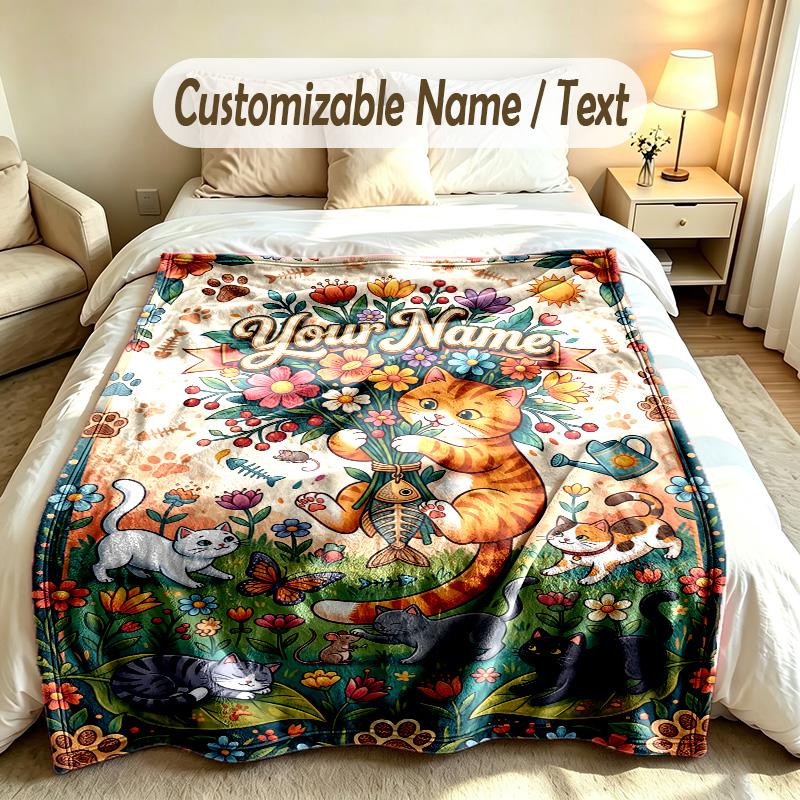 Cat Theme Soft Blanket Personalized Custom Name Text Print Warm Blanket Home Sofa Bedroom Decor