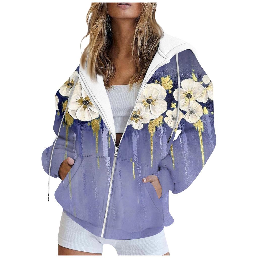Женская модная повседневная толстовка с принтом и длинным рукавом с карманом, кардиган, куртка, пальто с капюшоном на молнии