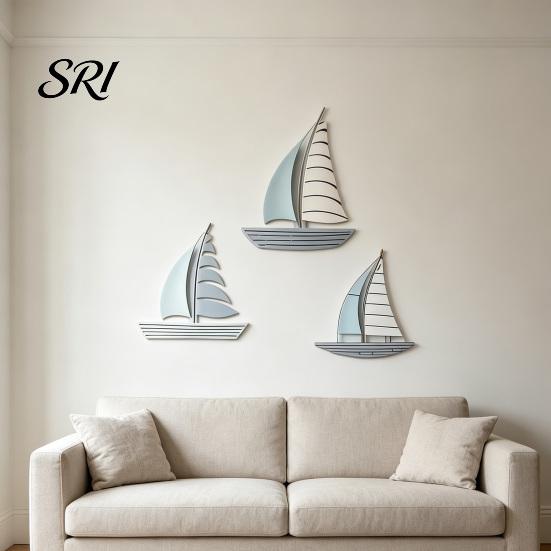 Coastal Wall Hanging 3Pcs/Set Wooden Sailboat Art Nautical Sailing Ship Beach Lake House Decoration Living Room Bathroom Theme Decor Solid Wood