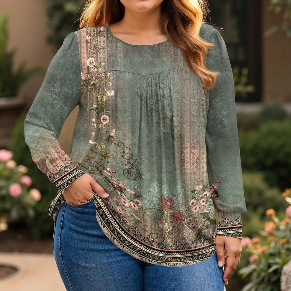 Womens Plus Size Tops Long Sleeve Shirts Round Neck Flowy Tunic Casual Loose Blouse L-5X