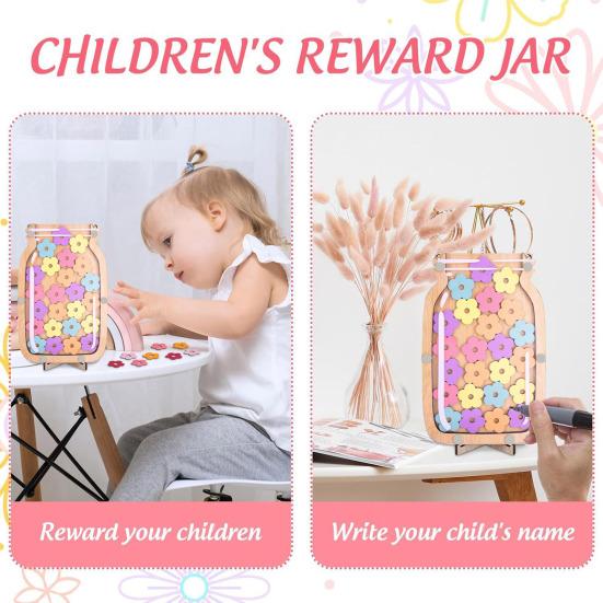 Wooden Reward Jar with 25 Colorful Stars Flowers Kids Students Potty Training Positive Behavior Chart System Home Classroom Management Tool