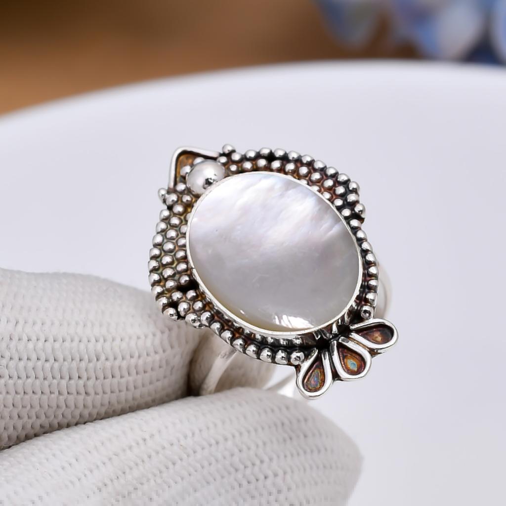 Перламутр - Кольцо из стерлингового серебра 925 пробы V5709, Белое кольцо, Овальное кольцо, Подарок на День святого Валентина, Подарок для нее, Подарок на день рождения, Украшения ручной работы,