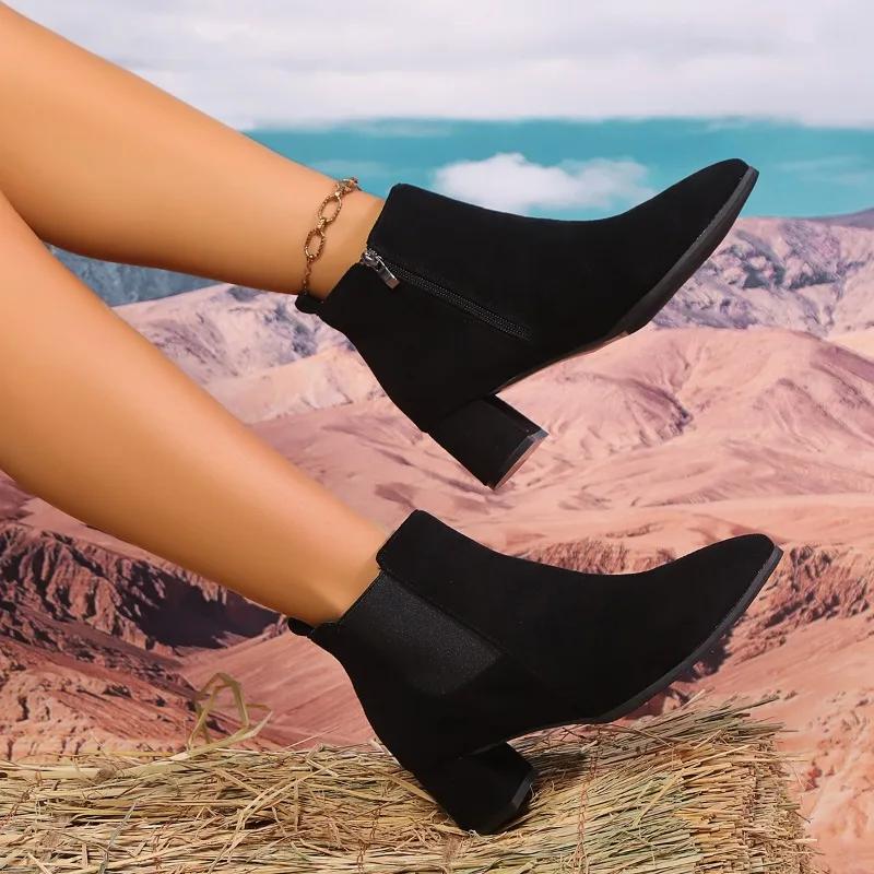 Зимние женские ботильоны, распродажа 2025 года, новые женские сексуальные заостренные носки, классические однотонные замшевые модные ботинки на толстом каблуке