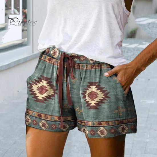Drawstring Loose Shorts High Waist Elastic Waistband Wide Leg Pockets Women Beach Retro Print Streetwear