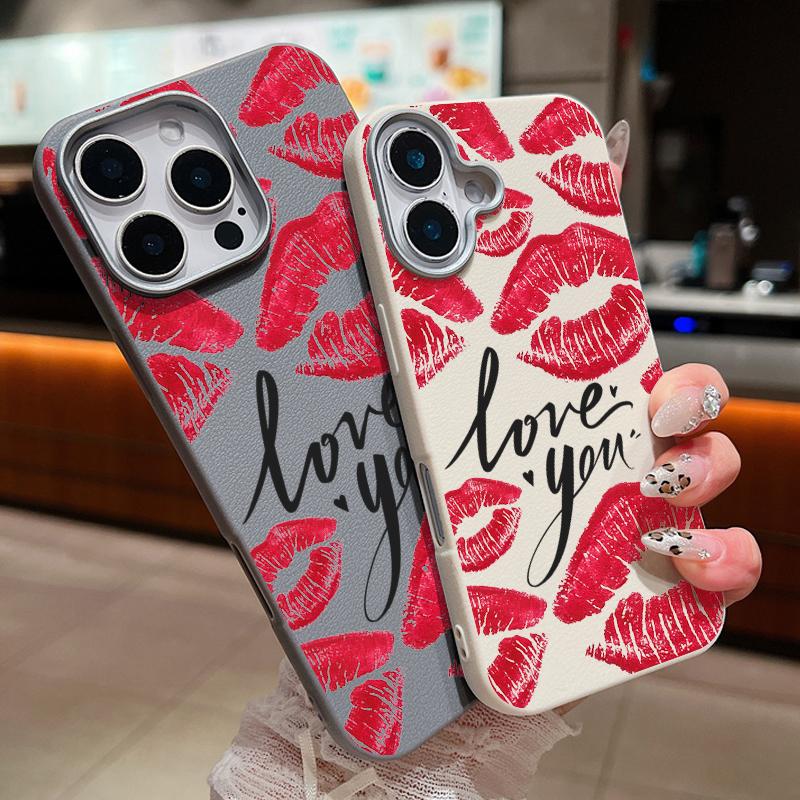 Тонкий чехол для телефона Love Red Lips Pattern из матовой кожи с текстурой для iPhone 16 Pro Max 15 14 Pro 13 12 11, противоударный защитный чехол для объектива из ТПУ с мягким бампером