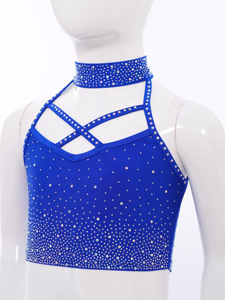 Girls Gymnastics Crop Top Halter Neck with Sparkling Rhinestones Cross Front Backless Dance Performance Costume