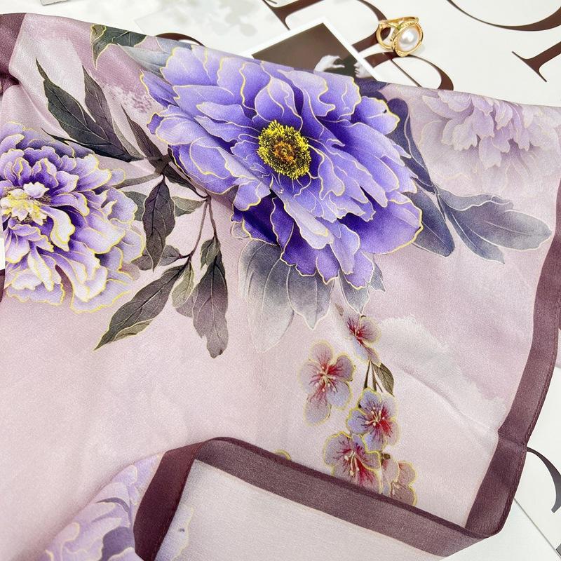 [Double Crepe Long Towel] Mulberry Silk Multifunctional Temperament Versatile Silk Sunscreen Women'S Silk Scarf Purple Peony