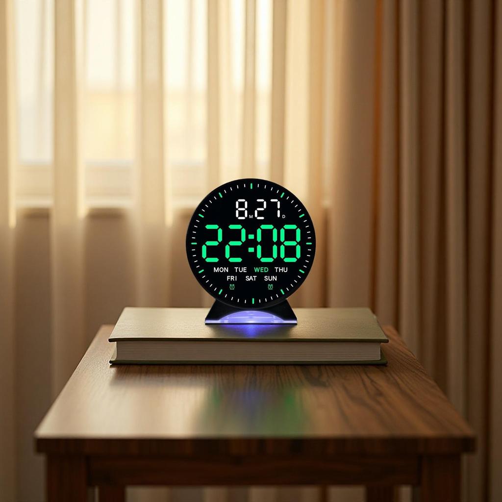 LED Digital Alarm Clock Week Date Second Hand Display Brightness Adjustable 2 Alarms Table Ambient Light 12/24H Electronic Clock