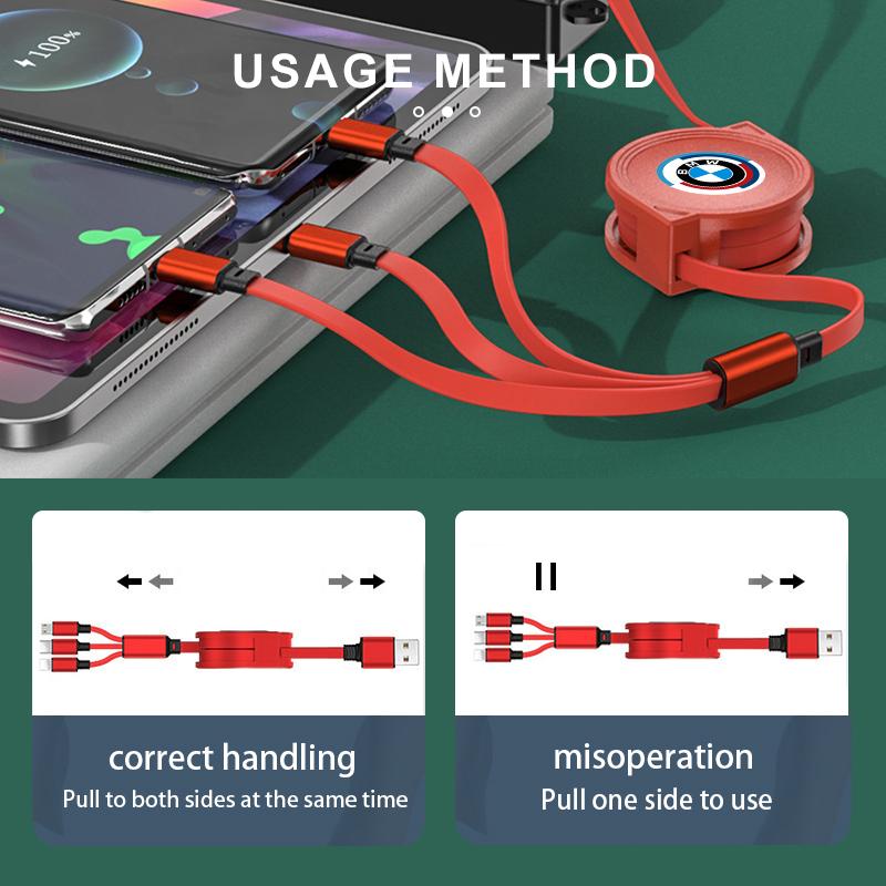 3 In 1 Car USB Super Fast Charging Retractable Data Cabl For BMW X3 X5 M5 M3 E46 E90 E60 F10 E39 F30 E36 G30 E87 E70