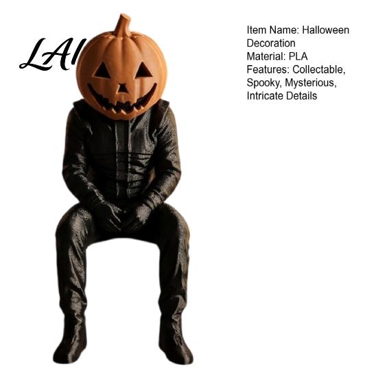 Pumpkin Man Sculpture Head Statue 3D Printed Mysterious Sitting Figure Resin Spooky Tabletop Ornament Halloween Decor for Shelf Desk Dark