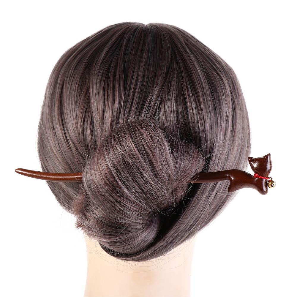 Wooden Chinese Hanfu Style Hair Clip Bell Cartoon Aniaml Hairpin Elegant Cat Hair Stick  Hanfu