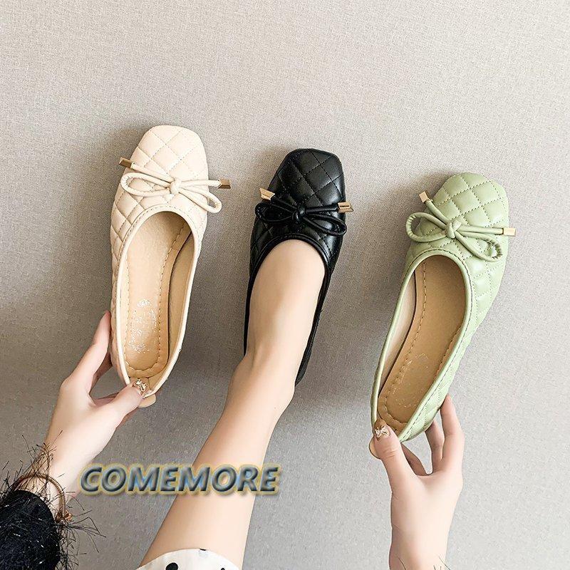Женские повседневные туфли из эластичной ткани, балетки на плоской подошве с бабочкой и дышащим квадратным носком, удобные осенние туфли из ПУ зеленого цвета