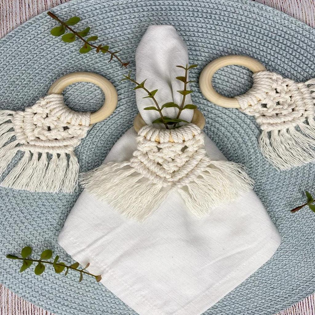Boho Napkin Rings with Wooden Ring, Handmade Woven Fringe Napkin Holders for Rustic Wedding, Party & Farmhouse Table Decor