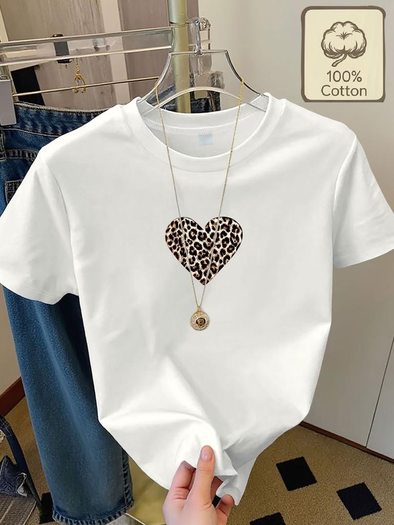 Retro Leopard Love Heart Print T Shirt 100% Cotton Women's T-Shirt Graphic Soft Crew Neck Fashion Short Sleeve Top Tee