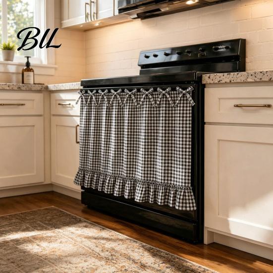 Kitchen Window Curtains Buffalo Plaid Oven Curtain Skirt, Door with Ribbon Bows, Rustic Stain Resistant Half Drapes for Farmhouse Sink, Cabinet, Cafe,