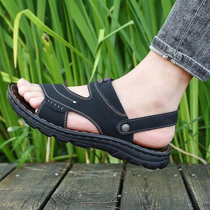 Мужские летние новые сандалии и тапочки, мужские кожаные сандалии для взрослых, пляжная обувь на толстой подошве, нескользящие кожаные сандалии с открытым носком