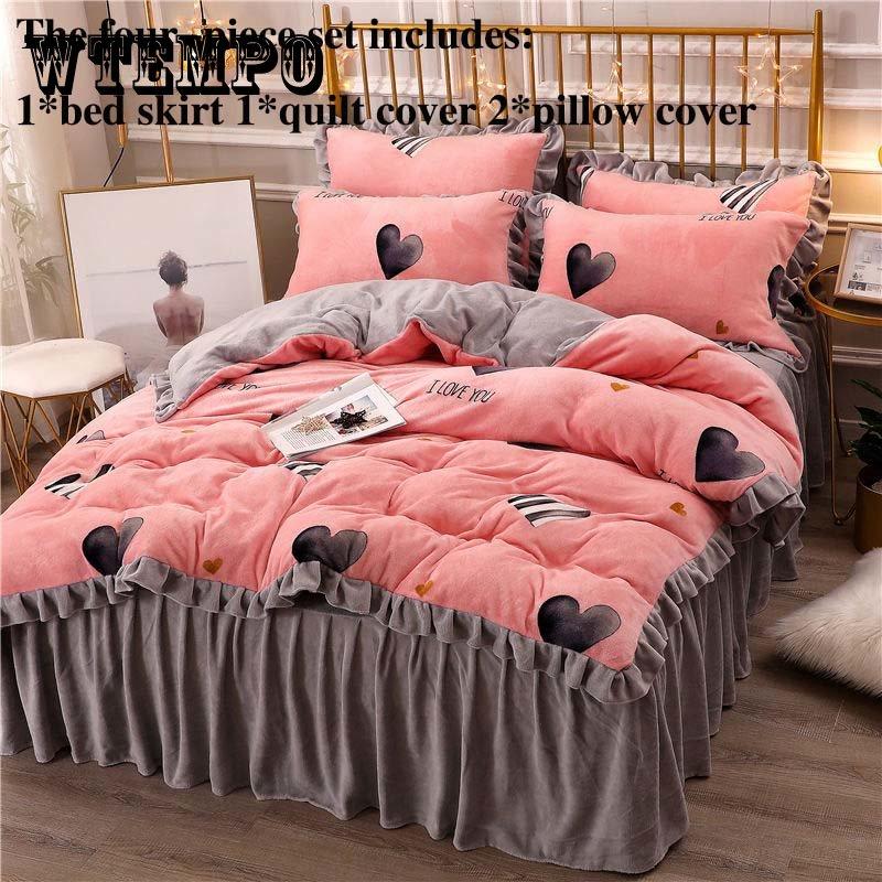 Толстый молочный бархат, четырехсекционная юбка-кровать, пододеяльник, наволочка, плюс бархатный теплый двусторонний пододеяльник, комплект постельного белья