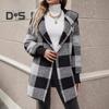 Women Sweater Coat Open Front Hooded Long Sleeve Plaid Print Knitting Coat Loose Fit Mid-length Knitwear