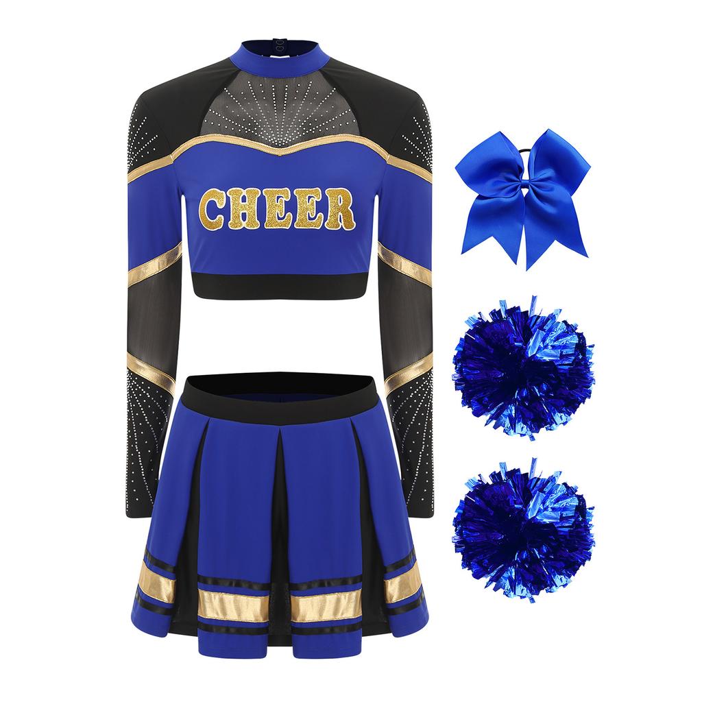 Women Cheerleading Performance Dance Outfit Long Sleeve Mock Neck Rhinestones Crop Top Pleated Skirt Hair Tie Set